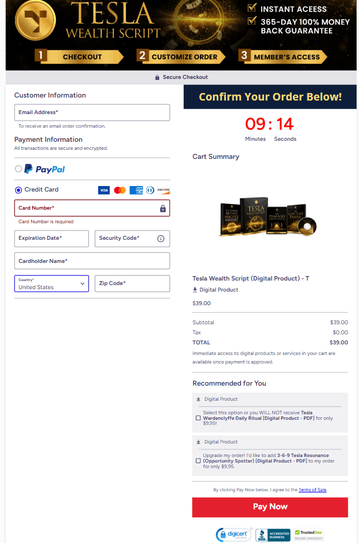 Tesla Wealth Script secure order page – wealth manifestation audio $39